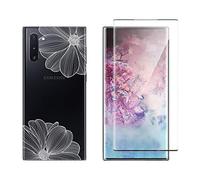 NOVAGO Compatible avec Samsung Galaxy Note 10- Pack Complet Coque Gel Solide Anti Choc + Film Protection écran en Verre trempé incurvé résistant (Coque+Film, Fleur Blanche)
