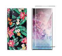 NOVAGO Compatible avec Samsung Galaxy Note 10- Pack Complet Coque Gel Solide Anti Choc + Film Protection écran en Verre trempé incurvé résistant (Coque+Film, Fleur Bleue)