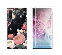 NOVAGO Compatible avec Samsung Galaxy Note 10- Pack Complet Coque Résistante avec Motif Fantaisie imprimé + Film Protection écran en Verre trempé incurvé résistant (Coque+Film, Grosse Fleur)