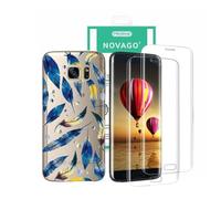 NOVAGO Compatible avec Samsung Galaxy S7 Edge - Pack 3 en 1 - Coque Souple Antichoc et Lot de 2 Films Protection Écran Verre Trempé Incurvé 3D (PlumeBleu