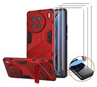 NOVAGO Compatible avec Vivo X90 Pro 5G - Pack 4 en 1 - Coque Rouge Résistante Antichoc avec Support Pied Pliable et 3 Films Protection Écran Verre Trempé Incurvé HD