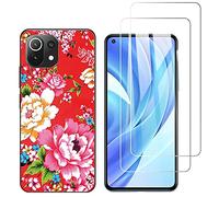 NOVAGO Compatible avec Xiaomi MI 11 Lite 4G et 5G -Pack Complet- Coque Ultra Résistante Anti Chute + 2 Films de Protection écran en Verre trempé (Fleur Rouge)