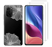 NOVAGO Compatible avec Xiaomi Mi 11i 5G et Poco F3 6,67''- Pack Complet- Coque arrière transparnete avec Motif imprimé+ 2 Films vitre Protection écran en Verre trempé -Fleurs Blanches