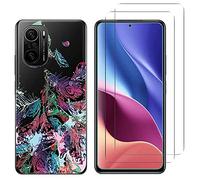 NOVAGO Compatible avec Xiaomi Mi 11i 5G et Poco F3 6,67''- Pack Complet- Coque arrière transparnete avec Motif imprimé+ 2 Films vitre Protection écran en Verre trempé -Plumes