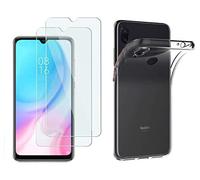 NOVAGO Compatible avec Xiaomi Mi A3 - Pack Complet - Coque Arrière Transparente et Souple Anti Choc en Silicone TPU + 2 Films de Protection écran en Verre Trempé (Transparent, Compatible Coque)