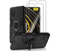 NOVAGO Compatible avec Xiaomi Poco M3 - Pack 3 en 1 Coque Arrière Armure Anti-Choc avec Anneau Support + 2 Films Protection Écran en Verre Trempé - Protection Intégrale et Résistante (0.33mm)