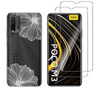 NOVAGO Compatible avec Xiaomi Poco M3 / Redmi 9T- Coque Souple Transparente avec Motif Imprimé + 2 Films Protection Écran en Verre Trempé - Design Fantaisie, Anti-Choc et Résistant (Fleurs Blanches)
