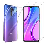 NOVAGO Compatible avec Xiaomi Redmi 9-Coque Transparente Solide+ 2 Films Protection écran Verre trempé résistant (Plus Petits Que l'écran) (Coque+Films, Transparente)