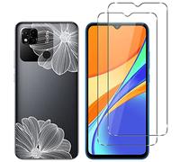 NOVAGO Compatible avec Xiaomi Redmi 9C,Redmi 9C NFC,Redmi 10A 4G - Pack Complet- Coque Résistante Transparente avec Motif imprimé+ 2 Films Protection vitre écran Verre trempé (Fleurs Blanches)