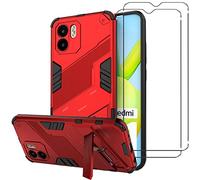 NOVAGO Compatible avec Xiaomi Redmi A1 4G/Redmi A2 4G -Coque Rouge Résistante avec Support Pied Pliable+ 2 Films vitre Protection écran Verre trempé