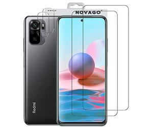 NOVAGO Compatible avec Xiaomi Redmi Note 10 4G et Redmi Note 10S - Pack de 4 Films en Verre trempé résistant Anti Choc et Anti Explosion, Deux Verres pour écran et Deux Verres pour Objectif