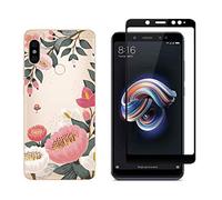 NOVAGO Compatible avec Xiaomi Redmi Note 5 -Pack 2 en 1 -Coque Souple Transparente Anti Choc avec Impression +1 Film en Verre trempé Protection écran résistant (Grosse Fleur)