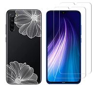 NOVAGO Compatible avec Xiaomi Redmi Note 8 et Redmi Note 8 2021-Pack Complet- Coque Résistante Transparente avec Motifs imprimés + 2 Films vitre de Protection écran Verre trempé (Fleur Blanche)