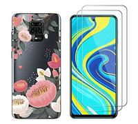 NOVAGO Compatible avec Xiaomi Redmi Note 9S/9 Pro/9 Pro Max - Pack Complet - Coque de Protection Résistante + 2 Films de Protection Écran en Verre Trempé (Grosse Fleur)