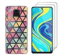 NOVAGO Compatible avec Xiaomi Redmi Note 9S /Note 9 Pro/Note 9 Pro Max-Pack Complet- Coque de Protection Résistante + 2 Films de Protection écran en Verre trempé (Triangles)