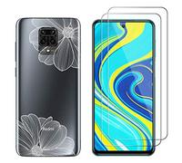 NOVAGO Compatible avec Xiaomi Redmi Note 9S /Note 9 Pro/Note 9 Pro Max-Pack Complet- Coque de Protection Résistante + 2 Films de Protection écran en Verre trempé (Fleurs Blanches)