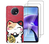 NOVAGO Compatible avec Xiaomi Redmi Note 9T 5G -Pack 2 en 1-Coque Souple Solide Anti Choc avec Impression + 2 Films Protection écran Verre trempé résistant(Chat)