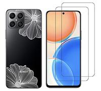 NOVAGO Compatible Honor X8- Coque Gel Souple résistante avec Impression +2 Films Protection écran vitre Verre trempé (Fleurs Blanche)
