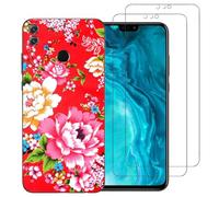 NOVAGO Compatible Huawei Honor 8X- Coque Gel Souple résistante avec Impression +2 Films Protection écran vitre Verre trempé (Coque+ 2 Films, Fleur Rouge)
