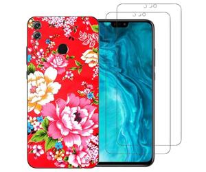 NOVAGO Compatible Huawei Honor 8X- Coque Gel Souple résistante avec Impression +2 Films Protection écran vitre Verre trempé (Coque+ 2 Films, Fleur Rouge)