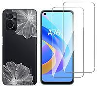 NOVAGO Compatible Oppo A76 4G - Coque Gel Souple résistante avec Impression +2 Films Protection écran vitre Verre trempé (Fleurs Blanche)