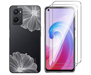 NOVAGO Compatible Oppo A96 4G/Realme 9i 4G - Coque Gel Souple résistante avec Impression +2 Films Protection écran vitre Verre trempé (Fleurs Blanche)