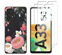 NOVAGO Compatible Samsung Galaxy A33 5G- Coque Gel Souple résistante avec Impression +2 Films Protection écran vitre Verre trempé (Grosse Fleur)