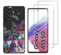 NOVAGO Compatible Samsung Galaxy A53 5G- Coque Gel Souple résistante avec Impression +2 Films Protection écran vitre Verre trempé (Plumes)