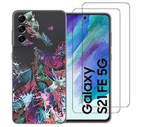 NOVAGO Compatible Samsung Galaxy S21 FE 5G - Coque Gel Souple résistante avec Impression +2 Films Protection écran vitre Verre trempé (Plumes 2)