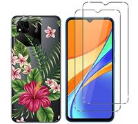 NOVAGO Coque et Protecteur d'écran Compatible avec Xiaomi Redmi 9C, 9C NFC, 10A 4G - Pack Complet - Transparent avec Motif Imprimé + 2 Films de Protection Verre Trempé (Exotique)