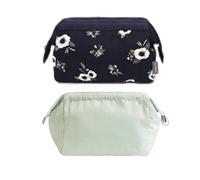 NOVAGO Lot de 2 Petites Trousses de Toilette Compactes et Pliables - Pochette Maquillage Cosmétique Design Chic - Rangement Voyage (Vert et Fleur Noir)