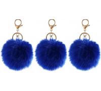 NOVAGO Lot de 3 Pompon Porte ijou de Sac à Main en véritable Poil de Lapin de qualité, Toucher Doux Garanti (Bleu Foncé)
