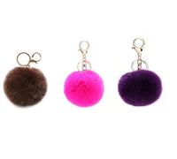 NOVAGO Lot de 3 Pompon Porte Clé Bijou de sac à main en véritable poil de lapin, toucher doux garanti (Marron Fuchsia Violet Foncé)