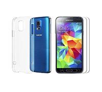 NOVAGO Pack 2 de 1 compatible avec Samsung Galaxy S5, S5 Neo, S5 New-Coque gel souple transparente et solide + 2 films en verre trempé ultra solide avec dureté 9H (Transparent)