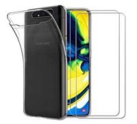 NOVAGO Compatible avec Samsung Galaxy A80 - (Pack 3 en 1) Coque Souple et Solide Transparente + 2 Films en Verre trempé résistants Anti Casse écran (Films Plus Petits Que l'écran)(Transparent)