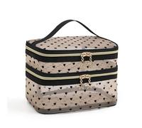 NOVAGO -Vanity Double Couches Sac Maquillage, Trousse de Toilette Grande Capacité en Maille Noire à Motif,Organisateur Cosmétique de Voyage avec Poignée et Fermetures Éclair Étoiles (Coeur Beige)