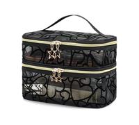 NOVAGO -Vanity Double Couches Sac Maquillage, Trousse de Toilette Grande Capacité en Maille Noire à Motif,Organisateur Cosmétique de Voyage avec Poignée et Fermetures Éclair Étoiles (Coeur)
