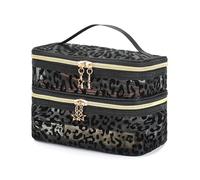 NOVAGO -Vanity double couches Sac Maquillage , Trousse de Toilette Grande Capacité en Maille Noire à Motif ,Organisateur Cosmétique de Voyage avec Poignée et Fermetures Éclair Étoiles (Leopard)