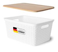 Novaliv Boîte de rangement avec couvercle en bois - 14 l - Blanc - Design rotin - Convient à un usage alimentaire - Boîte de rangement empilable - En plastique sans BPA - Avec couvercle