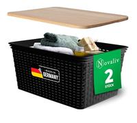 Novaliv Lot de 2 paniers de rangement élégants avec couvercle en bois aspect rotin | Noir Plastique de qualité alimentaire 14 l ? Parfait pour le rangement de la salle de bain et des vêtements. Boîte