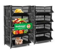 Novaliv Lot de 8 étagères empilables et extensibles en plastique noir pour rangement de nourriture, étagère à fruits, cave, système de rangement pour pommes, panier empilable