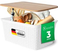 Novaliv Set de 3 boîtes de rangement avec couvercle en bois Cuisine 14L Blanc Plastique Aspect rotin Cuisine Rangement & organisation Armoire sans BPA Organiseur Boîtes de rangement pour sachets de th