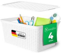 Novaliv Set de 4 élégantes corbeilles de rangement avec couvercle en aspect rotin | Blanc Plastique alimentaire 14L - pour le bureau et la maison. Caisses polyvalentes pour le rangement. Boîte de rang