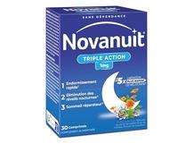 NOVANUIT TRIPLE ACTION - Endormissement - Complément Alimentaire Mélatonine 1mg Plantes Vitamine B6 - Réveils nocturnes - Sommeil réparateur - 30 comprimés - Réservé à l’adulte