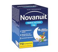 NOVANUIT TRIPLE ACTION - Endormissement - Complément Alimentaire - Réveils nocturnes - Sommeil réparateur - Mélatonine 1mg Plantes Vitamine B6 - 70 comprimés - Réservé à l’adulte