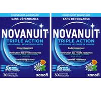 NOVANUIT TRIPLE ACTION - Mélatonine 1mg - Complément Alimentaire - Endormissement - Réveils nocturnes -Sommeil réparateur - 30 comprimés - Réservé à l’adulte - Lot 2