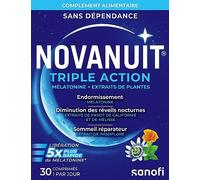 NOVANUIT TRIPLE ACTION - Mélatonine 1mg - Complément Alimentaire - Endormissement - Réveils nocturnes -Sommeil réparateur - 30 comprimés - Réservé à l’adulte
