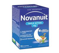 NOVANUIT TRIPLE ACTION - Mélatonine 1mg Plantes Vitamine B6 - Complément Alimentaire - Endormissement - Réveils nocturnes - Sommeil réparateur - 70 comprimés - Réservé à l’adulte