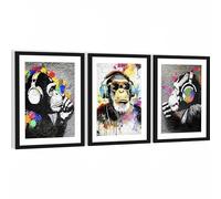 Novart Collage de tableaux Banksy Cadre inclus - Décoration murale moderne pour salon et chambre - Ensemble de 3 œuvres d'art - N134535aR2