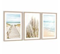 Novart Ensemble de Décoration Murale Plage Relaxante - 3 Panneaux Cadres pour Salon et Chambre - Teintes Bleues et Beiges - Art Imprimé de Qualité supérieure